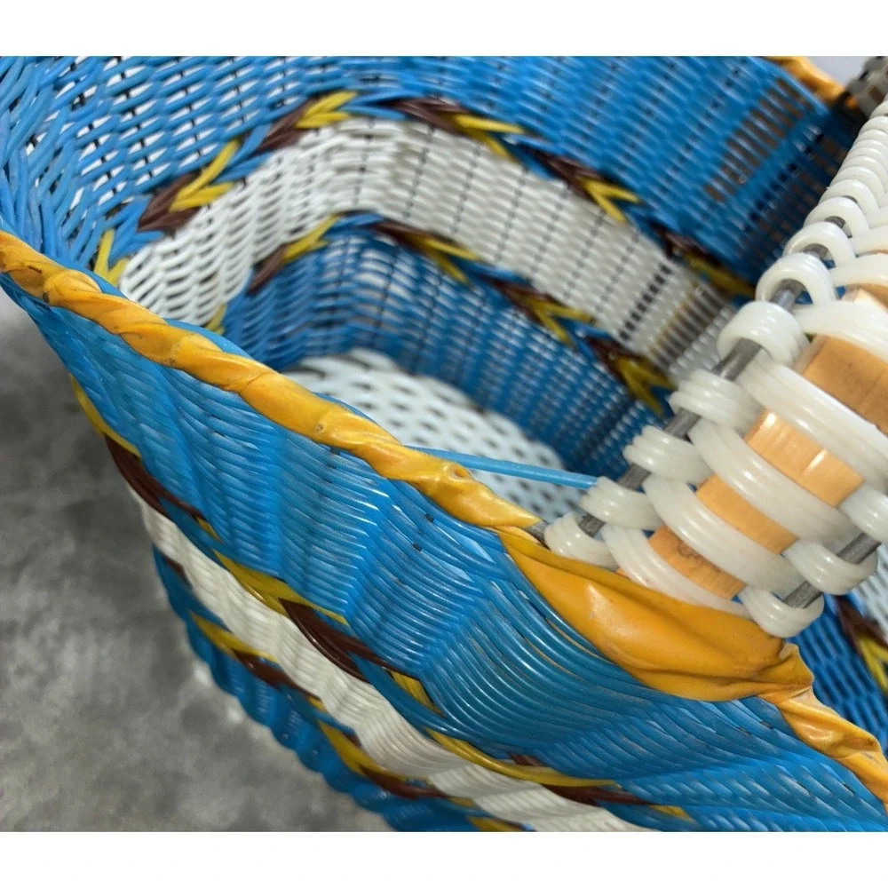 Basket‎ Wire Frame Vinyl Blue Native Southwest Woven MCM 14x12x11